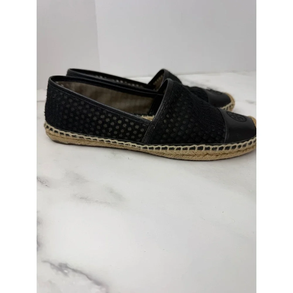 Tory Burch Grenada A Line Mesh Logo Cap Toe Espadrilles Black Sz 9